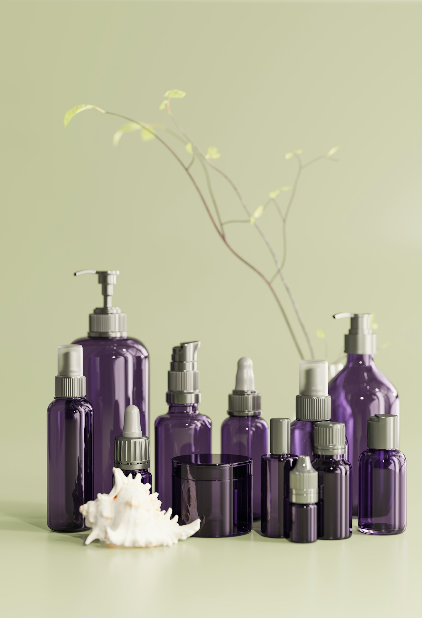 An arrangement of skincare containers on a light green surface