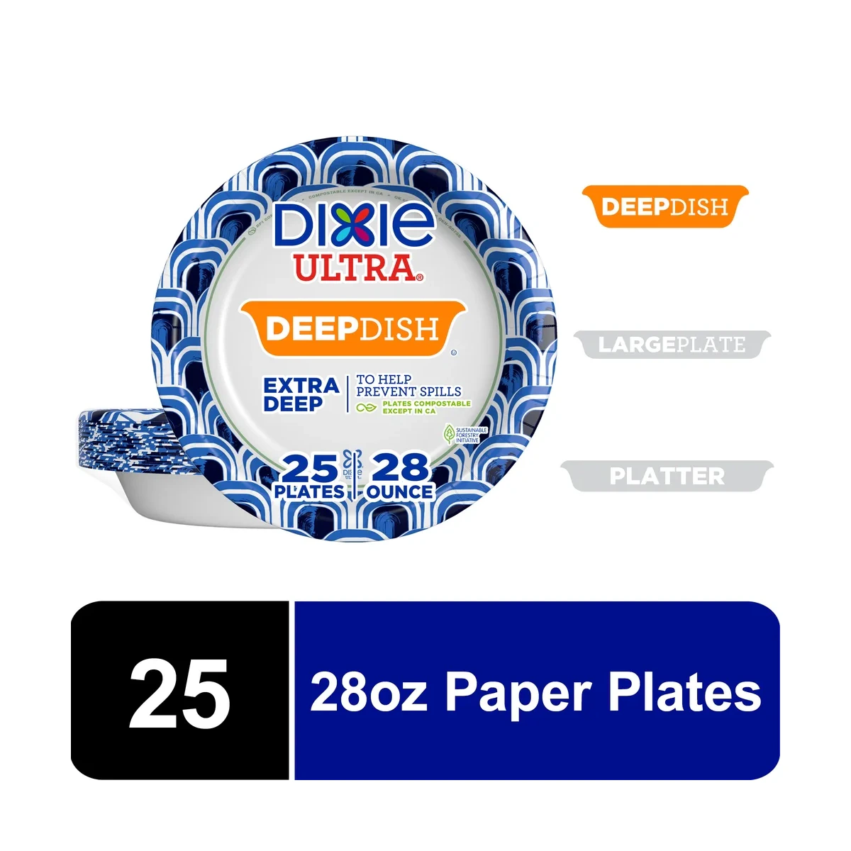 Ultra Deep Dish Disposable Paper Plates - 28 oz, 25 Count