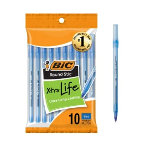 Round Stic Xtra Life Ballpoint Pens, Medium Point 1.0mm, Blue, 10 Count