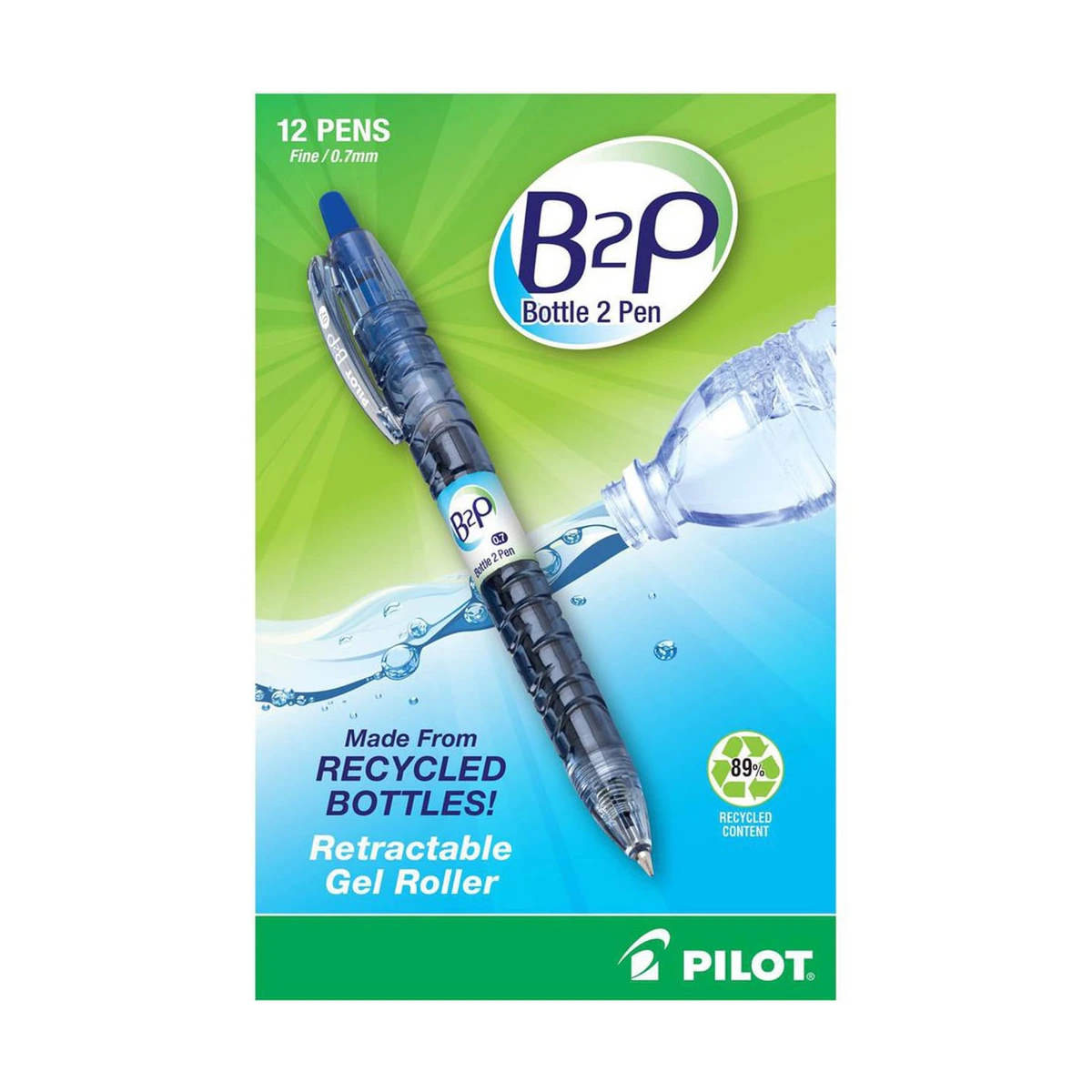 B2P Bottle to Pen Recycled Retractable Gel Pens, Fine Point, Blue Ink, 12 Count