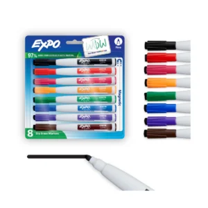 Magnetic Dry Erase Markers with Eraser, Fine Tip, Assorted Colors, 8 Count