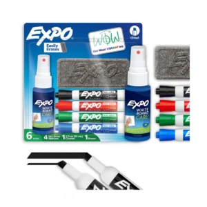 Dry Erase Starter Kit with Chisel Markers, Eraser and Cleaner, 6 Count