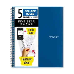 5 Subject College Ruled Spiral Notebook with Study App, Cobalt Blue