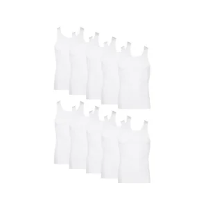 Moisture-Wicking Cotton Ribbed Tank Undershirts, White, 10 Pack